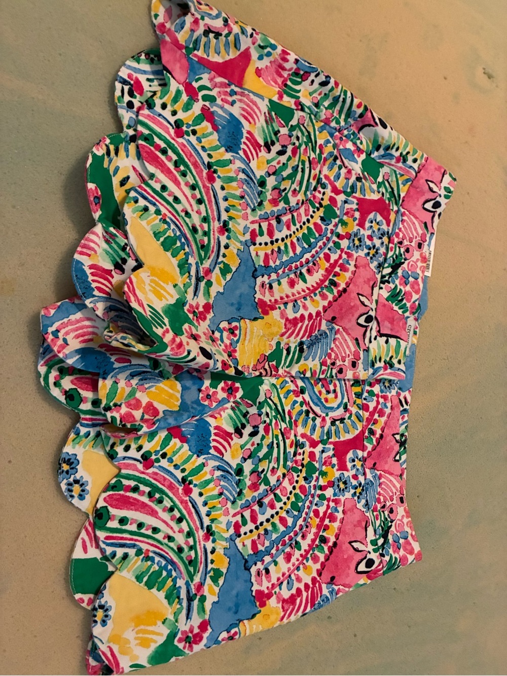 crown & ivy High Waist Scallop Hem Shorts in Pink, Blue, Yellow, Green